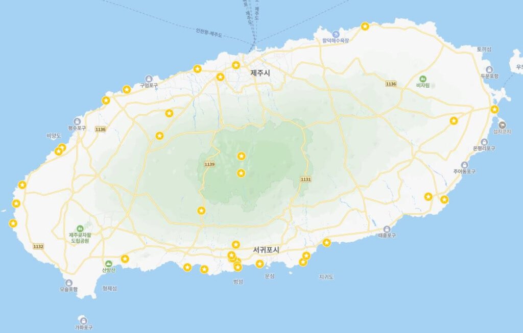 A comprehensive travel map of Jeju Island highlighting major tourist attractions and coastal roads for Jeju Island travel