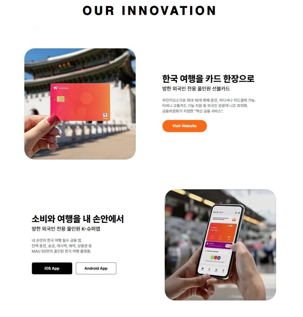 Screenshots of WOWPASS all-in-one travel card and its mobile app interface, recommended for smart card use for tourists in Korea.
