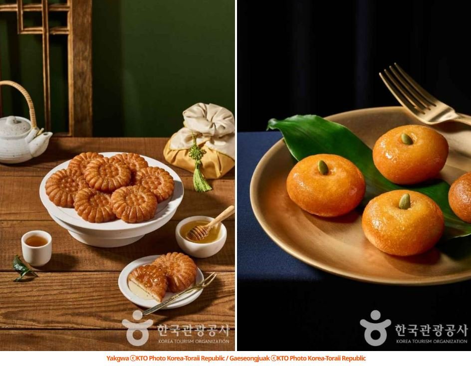 A beautiful spread of the best Korean desserts, including traditional Yakgwa and modern pastries on a wooden table