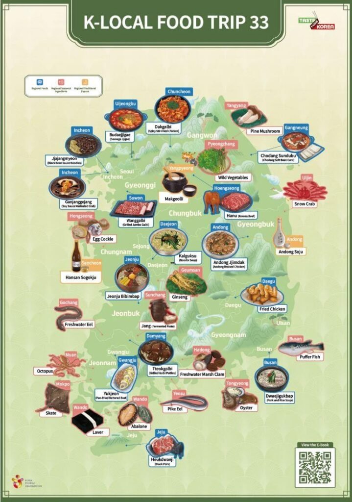 An illustrated map of South Korea titled K-Local Food Trip 33, highlighting regional specialties and diverse Korean traditional food experiences across different provinces