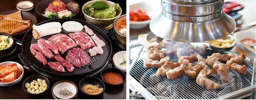 Delicious Samgyeopsal cooking on a grill, a must-try culinary experience in any South Korea travel guide
