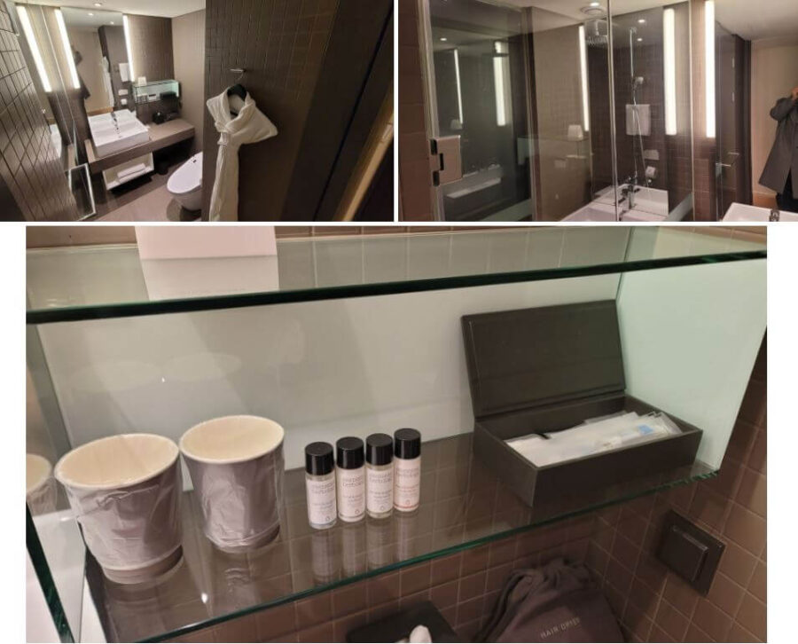 A composite image showing the clean bathroom and basic amenities (shampoo, toothbrush) provided at Shilla Stay Guro